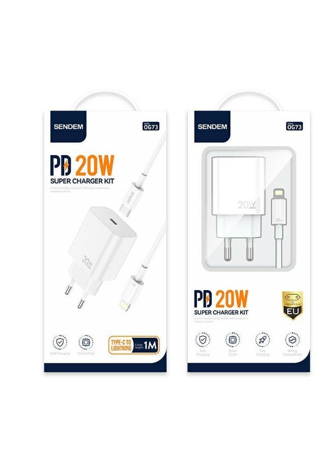 سيندم شاحن سيندم OG73 PD السريع بقوة 20 واط مع كابل من النوع C إلى Lightning - قابس أوروبي - طقم شاحن فائق لأجهزة iPhone - Image 1